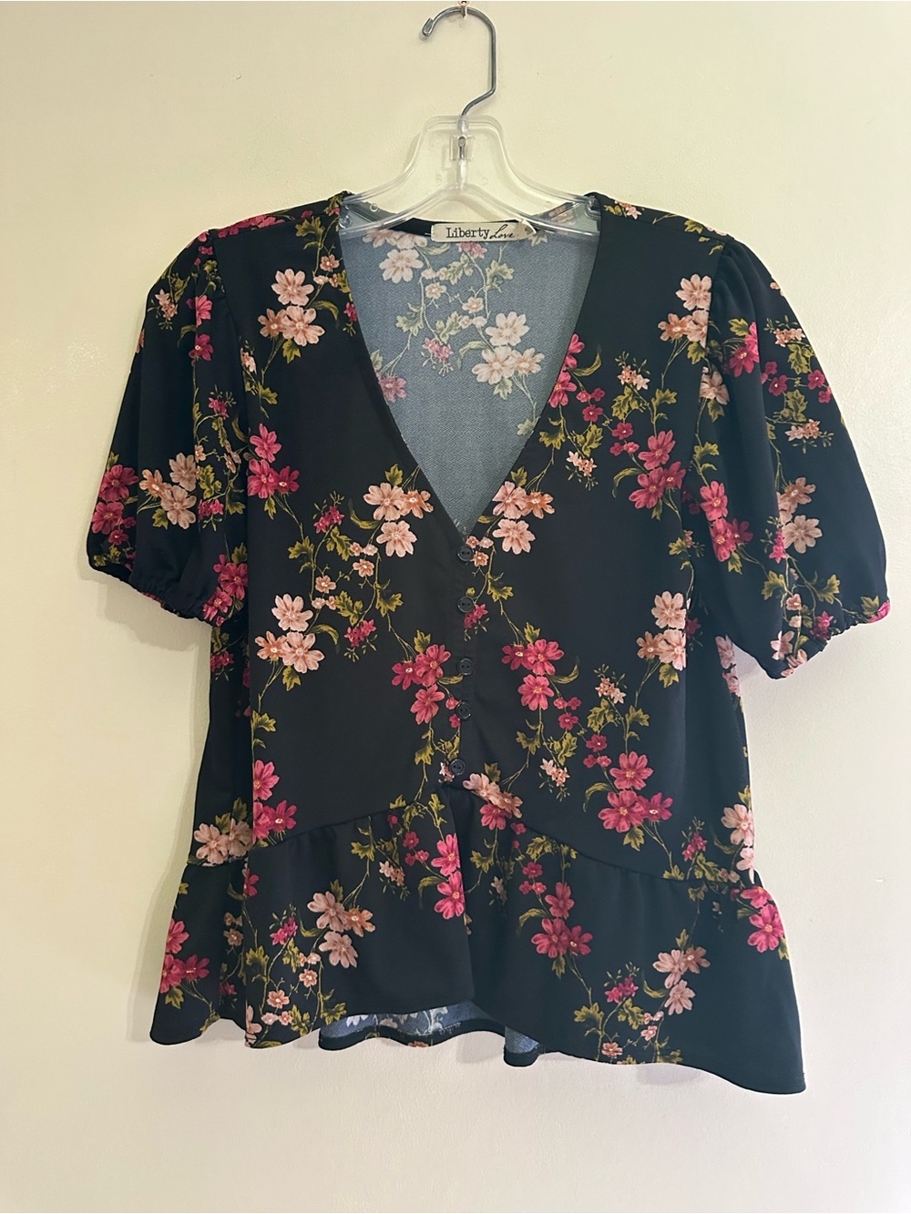 Liberty Love Black Floral V-Neck Peplum Blouse with Pink Blossoms